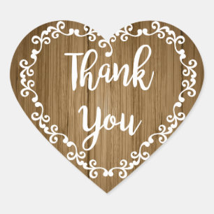 Rustic Thank You Brown Wood White Floral Heart Sticker