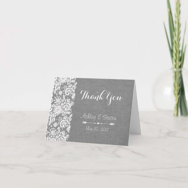Rustic Thank You Card - Grey Burlap and Lace (Front)