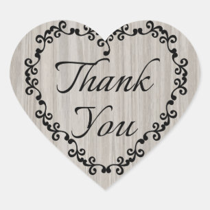 Rustic Thank You Grey Wood Black Floral Heart Sticker