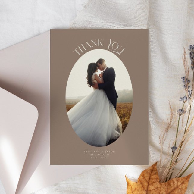 Rustic Thank You Oval Frame Brown Wedding Photo Card (Creator Uploaded)