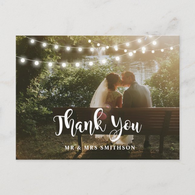 Rustic Thank You Photo String Lights Wedding Card (Front)