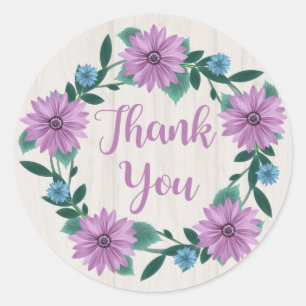 Rustic Thank You Purple Daisy Flower Grey Wood Classic Round Sticker