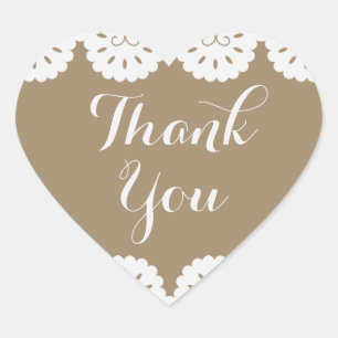 Rustic Thank You White Lace Brown Country Wedding Heart Sticker
