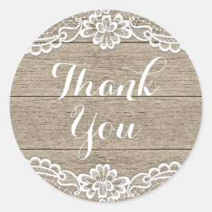 Rustic Thank You White Lace Brown Wood Wedding Classic Round Sticker