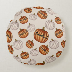 Rustic "Thankful" Pattern with Colourful Pumpkin Round Cushion