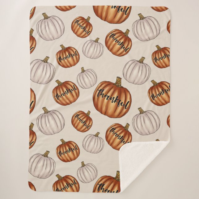 Rustic "Thankful" Pattern with Colourful Pumpkin Sherpa Blanket (Front)