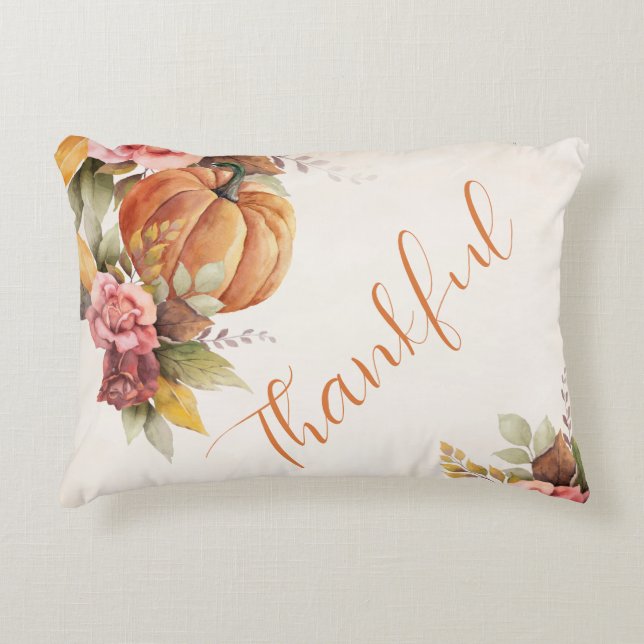 Rustic Thankful Pumpkin Floral Thanksgiving Decorative Cushion (Front)