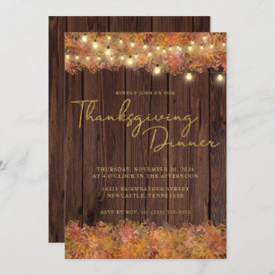 Rustic Thanksgiving Autumn String Lights Wood Invitation