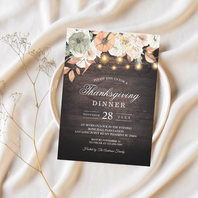 Rustic Thanksgiving Dinner | Floral & String Light Invitation (Creator Uploaded)