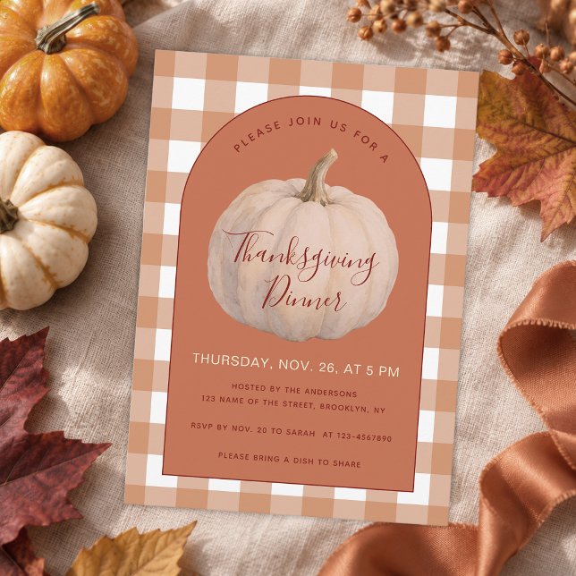 Rustic Thanksgiving Dinner Pumpkin & Brown Gingham Invitation (Creator Uploaded)
