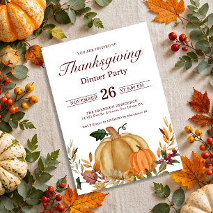 Rustic Thanksgiving Dinner Pumpkin Fall Leaves Invitation