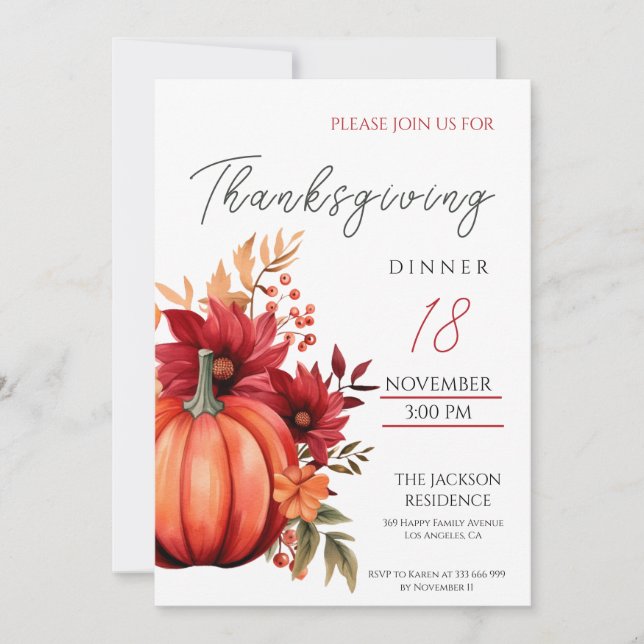Rustic Thanksgiving Dinner Red Pumpkin Invitation (Front)
