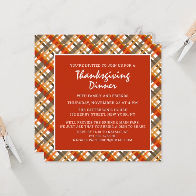 Rustic Thanksgiving Dinner Tartan Pattern Invitation (Front/Back In Situ)