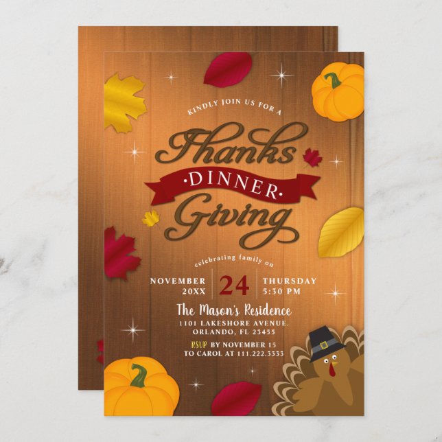 Rustic Thanksgiving Fall Leaves Turkey Pumpkin Invitation (Front/Back)