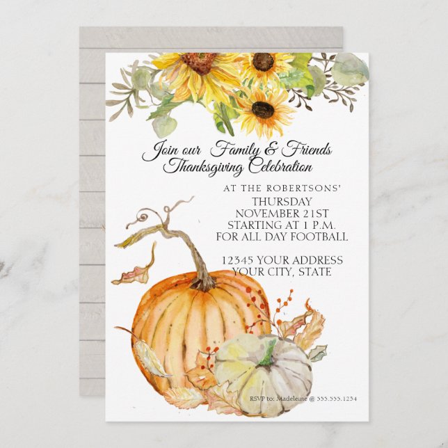 Rustic Thanksgiving Fall Sunflowers Leaf n Pumpkin Invitation (Front/Back)