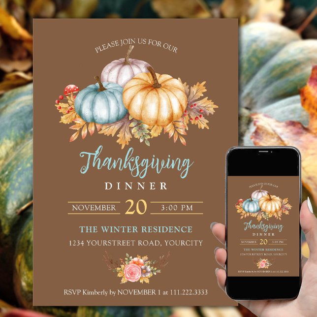 Rustic Thanksgiving floral pumpkins brown blue Invitation (Thanksgiving dinner invitations fall colors pumpkins leaves rustic brown blue yellow color)