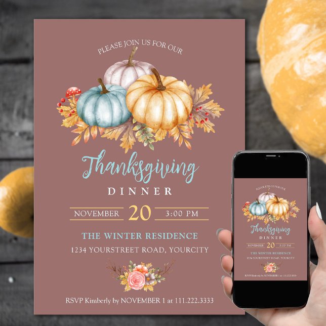 Rustic Thanksgiving floral pumpkins mauve rose Invitation (Thanksgiving dinner invitations fall colors pumpkins leaves rustic mauve rose color)