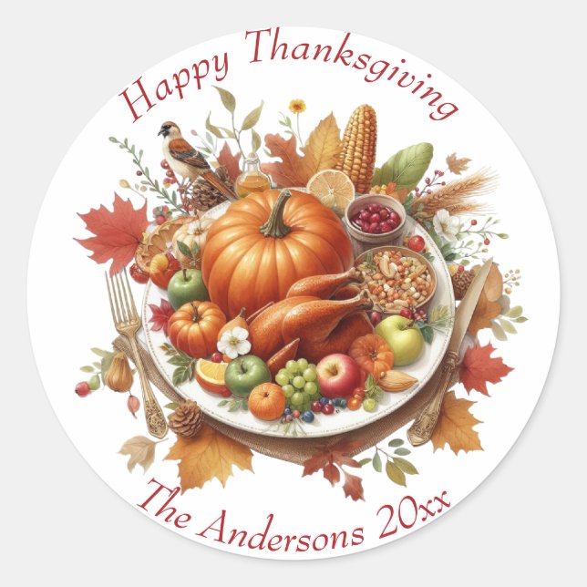 Rustic Thanksgiving Pumpkin Watercolor Autumn Classic Round Sticker (Front)