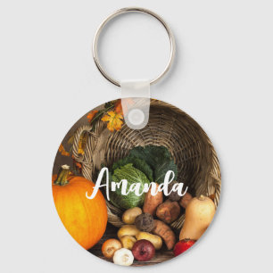 Rustic Thanksgiving Table Bountiful Harvest Key Ring