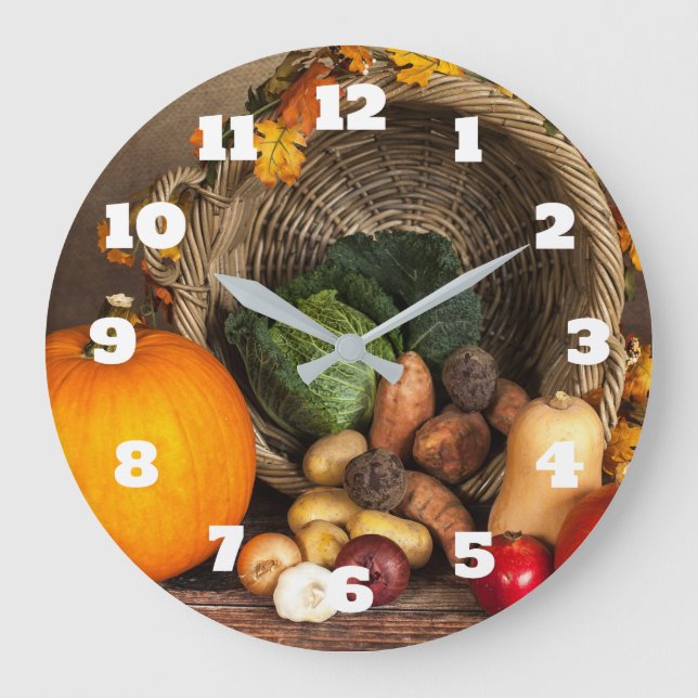 Rustic Thanksgiving Table Bountiful Harvest Large Clock (Front)