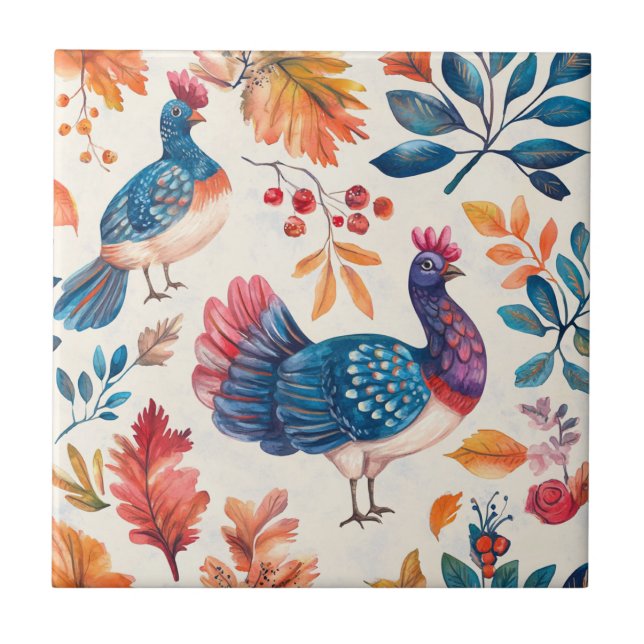 Rustic Thanksgiving Turkey Folk Art Fall Pattern Ceramic Tile (Front)