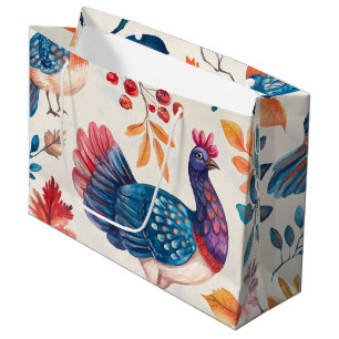 Rustic Thanksgiving Turkey Folk Art Fall Pattern Large Gift Bag
