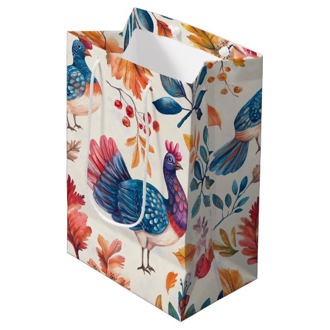 Rustic Thanksgiving Turkey Folk Art Fall Pattern Medium Gift Bag (Front Angled)