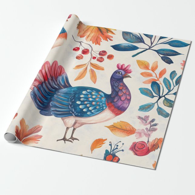 Rustic Thanksgiving Turkey Folk Art Fall Pattern Wrapping Paper (Unrolled)