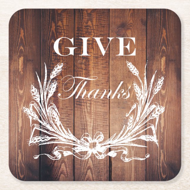 rustic thanksgiving wreath barn wood give thanks square paper coaster (Front)