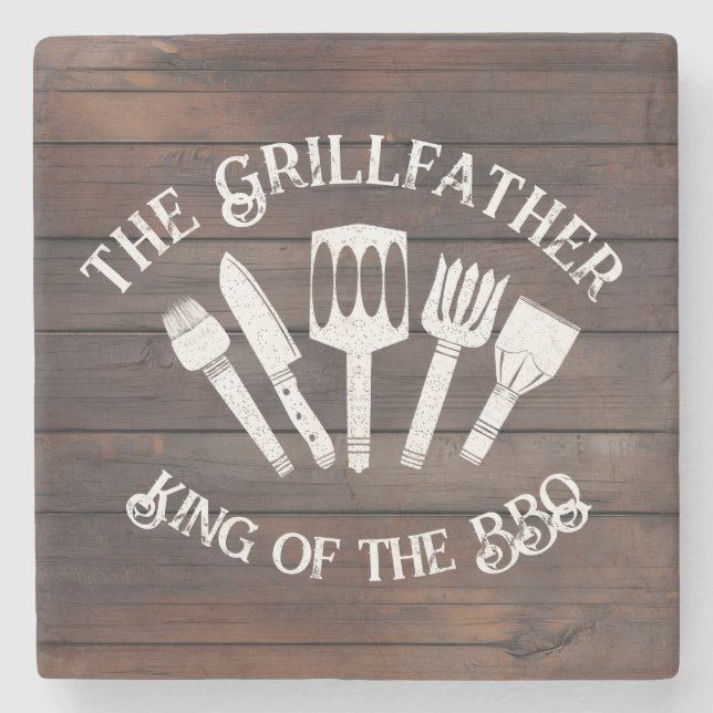 Rustic "The Grillfather: Funny BBQ Gift Stone Coaster (Front)