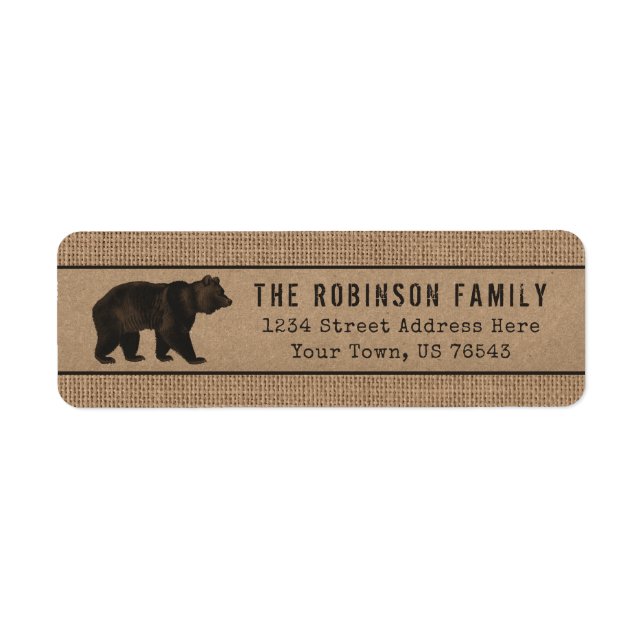 Rustic Theme Bear Kraft Burlap Print Address Return Address Label (Front)