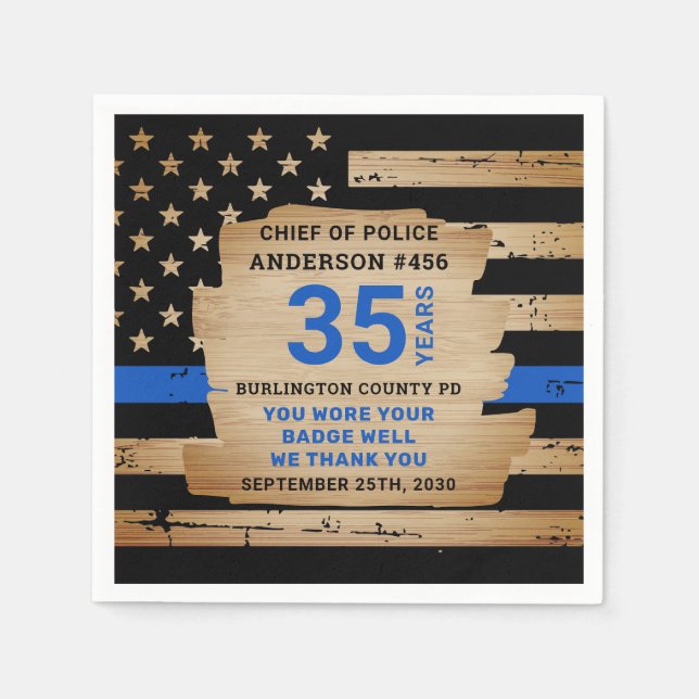 Rustic Thin Blue Line Police Retirement Party Napkin (Front)