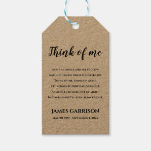 Rustic Think Of Me Memorial Candle Favour Gift Tags