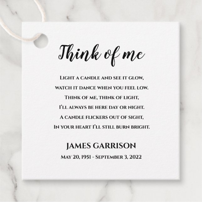 Rustic Think Of Me Poem Celebration of Life Candle Favour Tags (Front)