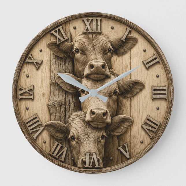Rustic Three Cows Farmhouse Vintage Wood  Large Clock (Front)