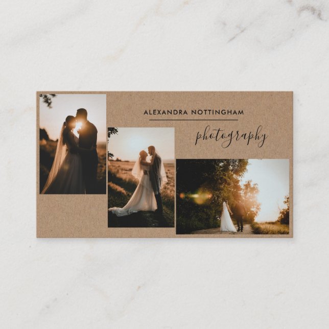 Rustic Three Photo Collage Wedding Photography Business Card (Front)