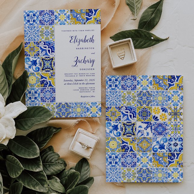 Rustic Tile Blue Yellow Wedding Invitation (Creator Uploaded)