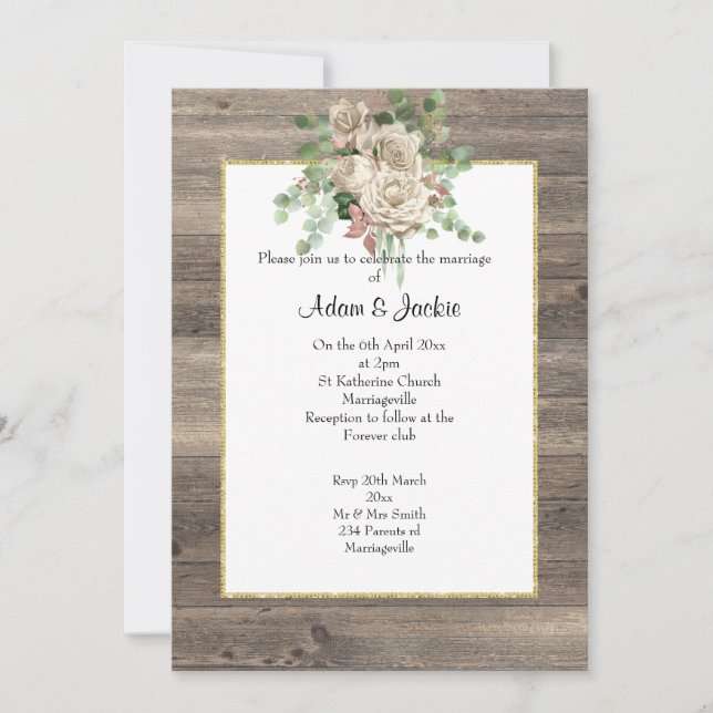 RUSTIC TIMBER NEUTRAL FLORAL WEDDING INVITATION (Front)