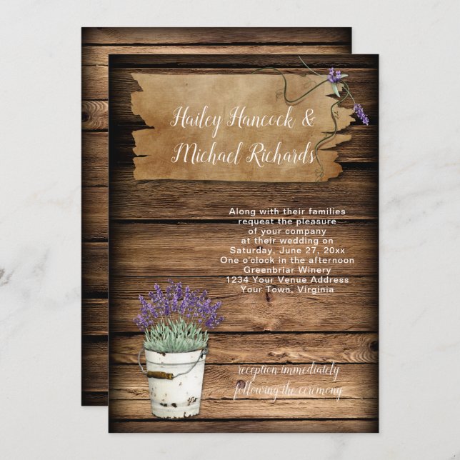 Rustic Tin Bucket Lavender Old Sign Barn Wood Invitation (Front/Back)