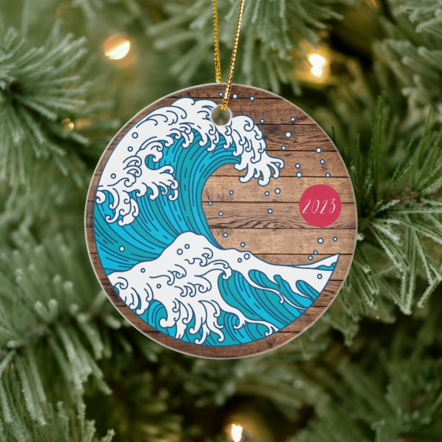 Rustic Title Wave and Sun - Custom Year Name  Ceramic Ornament (Tree)