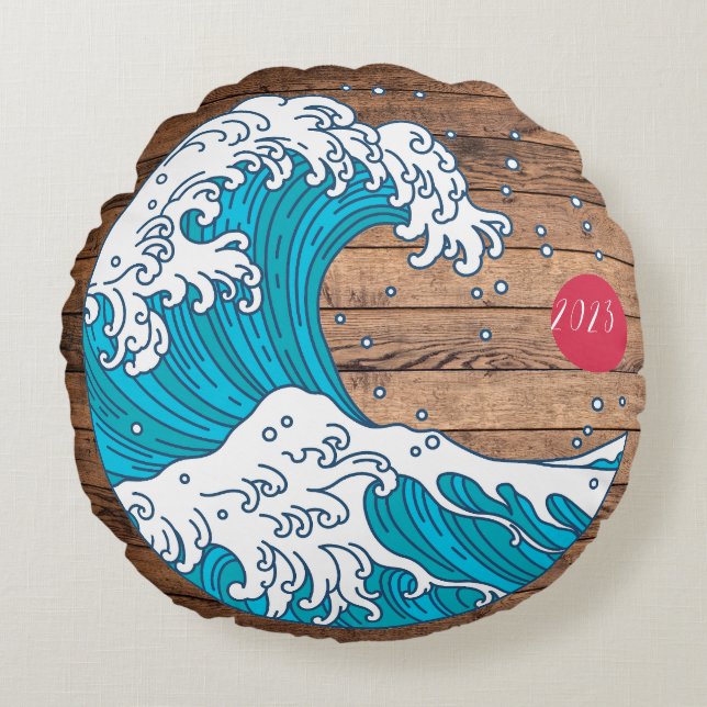Rustic Title Wave and Sun - Custom Year Name  Round Cushion (Front)