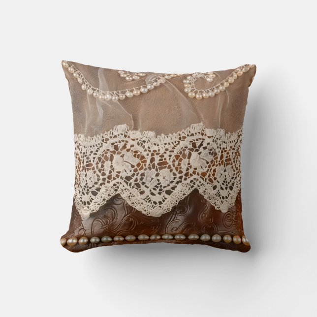 Rustic Tooled Leather and Antique Lace Western Cushion (Front)
