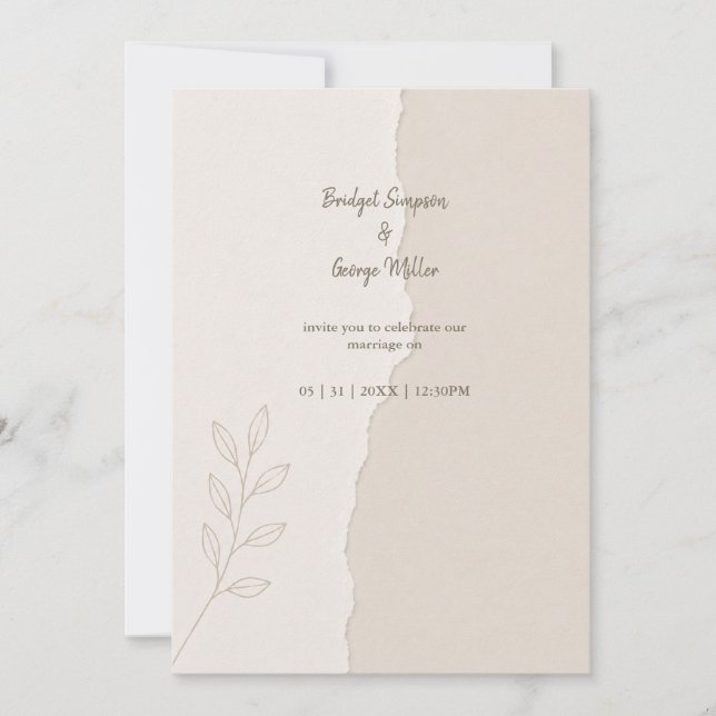 Rustic Torn Paper minimal Wedding Botanicals Invitation (Front)