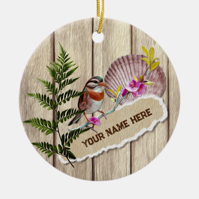 Rustic Torn Paper Wood Oil Paint Personalise Name Ceramic Ornament (Front)