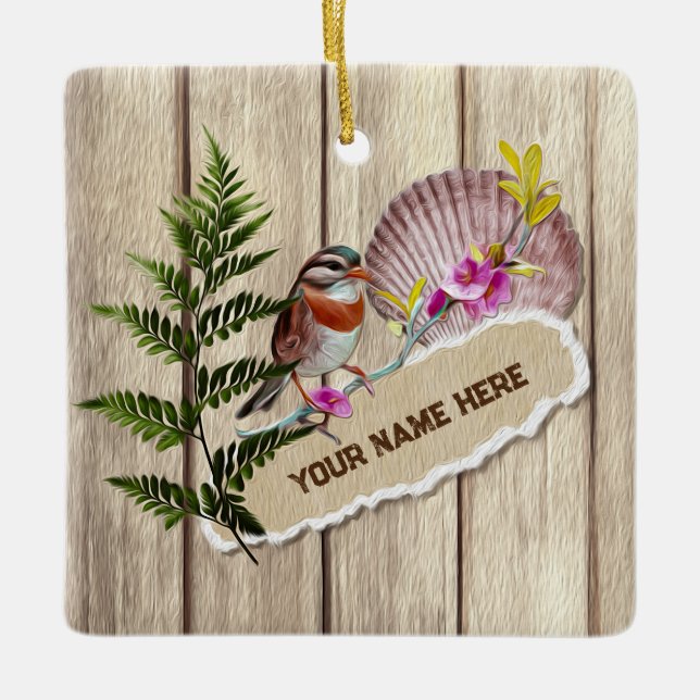 Rustic Torn Paper Wood Oil Paint Personalise Name Ceramic Ornament (Front)