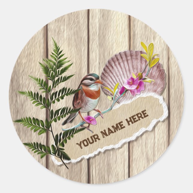 Rustic Torn Paper Wood Oil Paint Personalise Name Classic Round Sticker (Front)