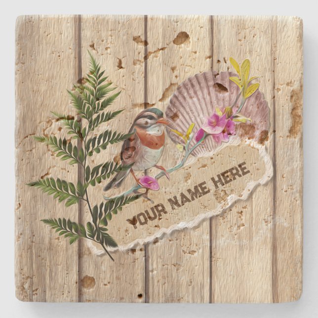 Rustic Torn Paper Wood Oil Paint Personalise Name Stone Coaster (Front)