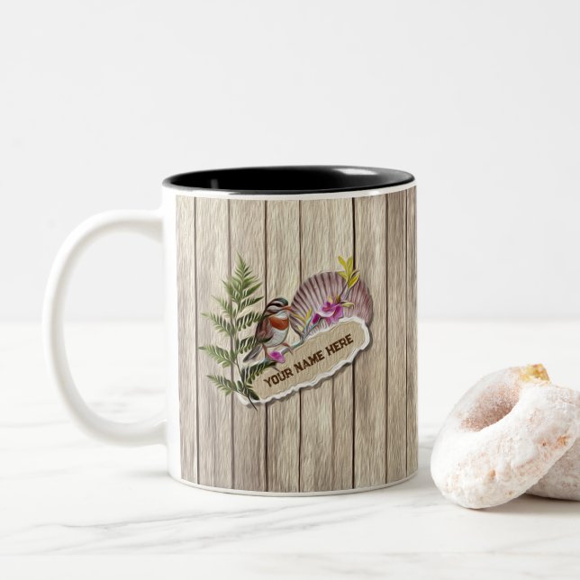 Rustic Torn Paper Wood Oil Paint Personalize Name Two-Tone Coffee Mug (With Donut)