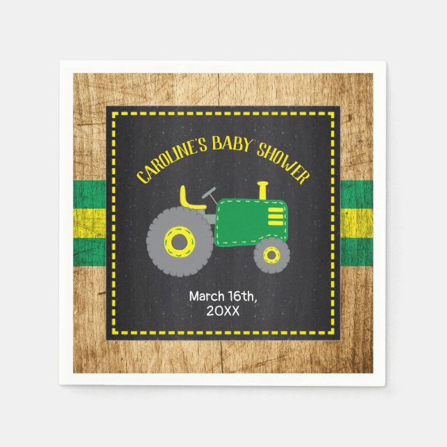 Rustic Tractor Baby Shower Green and Yellow Napkin (Front)