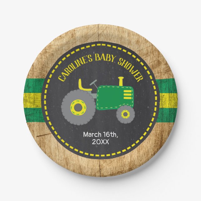 Rustic Tractor Baby Shower Green and Yellow Paper Plate (Front)